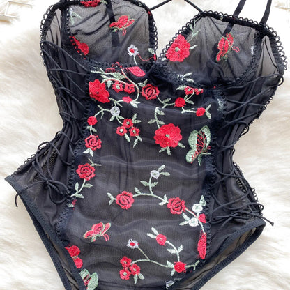 Strap Floral Stickerei Mesh Bodys Frauen Ärmellose Dünne Spitze Up Backless Overalls Koreanische Sheer Sexy Playsuits Wanita