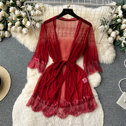 Women Sexy Lace Nightwear Suits Transparent Short Dress+Mesh Cardigans+Thongs 2023 Sheer   Nightdress Sets Wanita