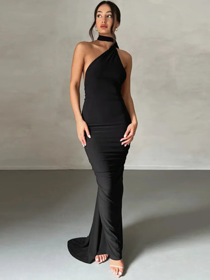 Mozision Schräge Schulter Backless Maxi Kleid Für Frauen Kleid Sommer Zurück Strap Ärmellose Geraffte Party Sexy Langes Kleid Vestidos