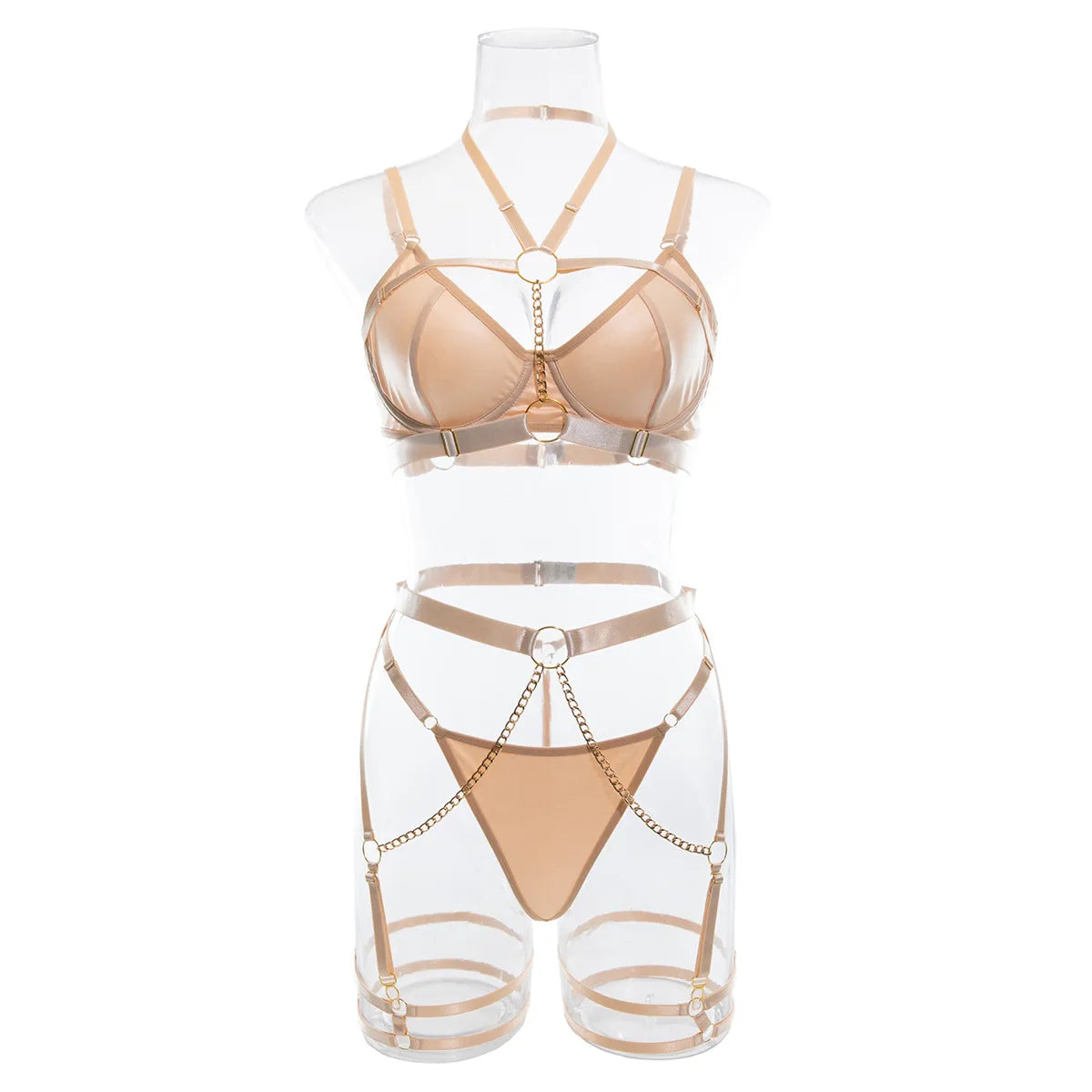 Conjuntos de lencería con cuello Halter para mujer, ropa interior de lujo con cadena, Tanga, cadena fina, conjunto de sujetador, transparente, íntimo y Sexy