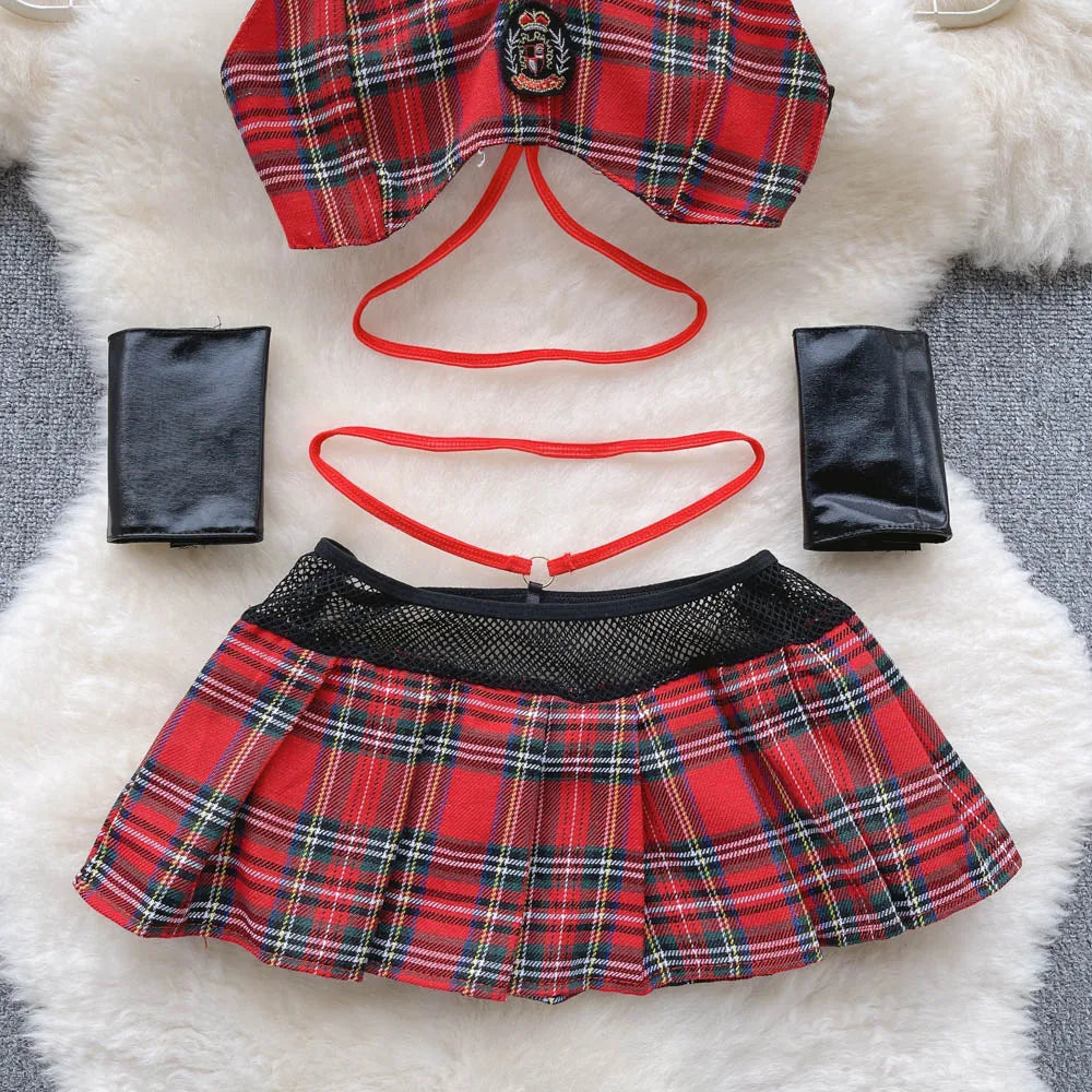 Conjunto de dos piezas de ropa de dormir a cuadros para mujer, Mini camisola con espalda descubierta + Falda corta, ropa interior Sexy de Cosplay Preppy, trajes Wanita