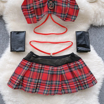 Plaid   Nightwear Two Pieces Set Women Backless Mini Camis+ Short Skirt Preppy Cosplay Sexy Underwear Suits Wanita