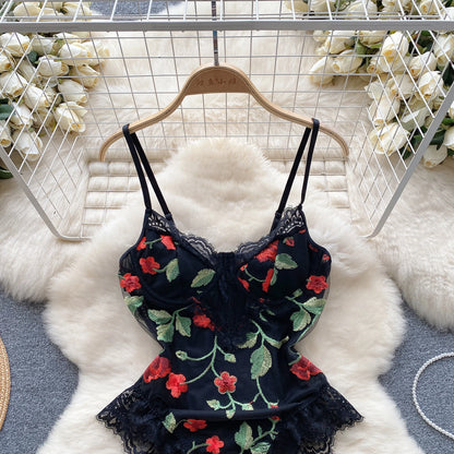 Senior Floral Lace Bodysuits Women Spaghetti Strap Embroidery Slim Sexy Rompers Fashion Mesh Sheer Sensual Playsuits Wanita