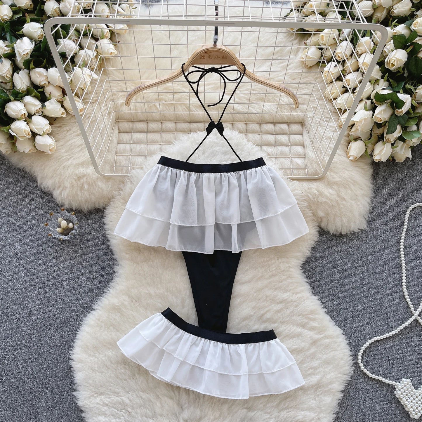 Ruffles Sweet Sexy Bodysuits Ladies Halter Hollow Out Slim Backless Playsuits+Mini Skirt  Open Crotch Nightwear Wanita