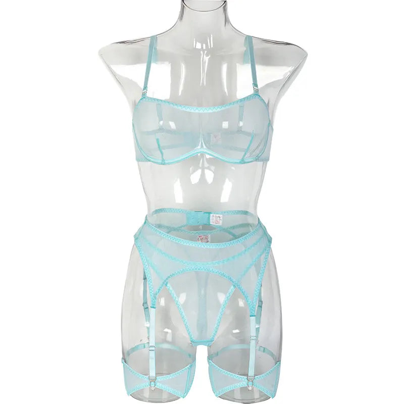 3-teiliges sexy Damen-Unterwäsche-Set, transparent, Dessous, Strumpfhalter-BH und Höschen, Spitzen-Intimtae, feines nahtloses Outfit