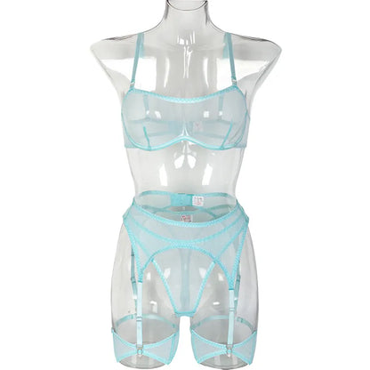 Ropa interior Sexy de 3 piezas para mujer, lencería transparente, conjunto de sujetador y bragas, ropa íntima de encaje, traje fino sin costuras