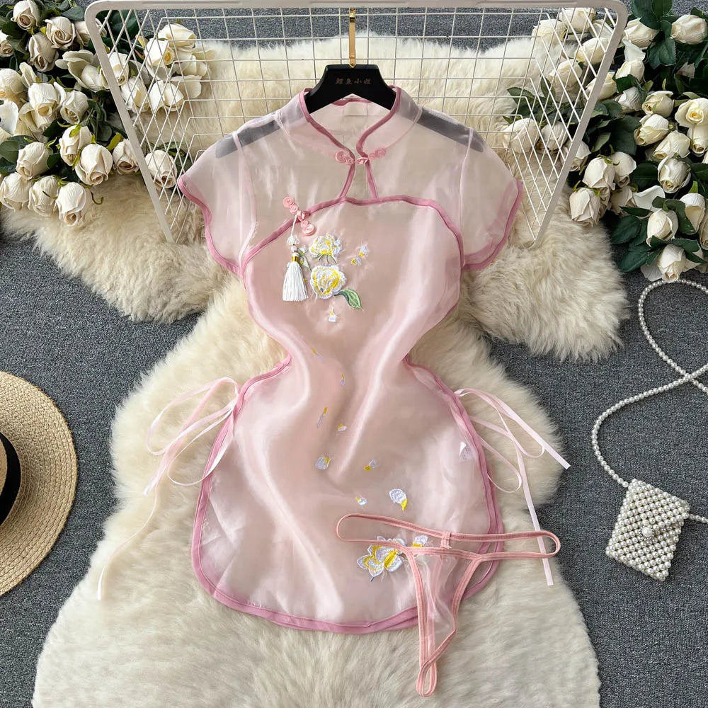 Transparent Mesh Sexy Nightdress Women Cheongsam Vintage Embroidery Sexy Dress+Thongs Sheer   Night Dress Wanita