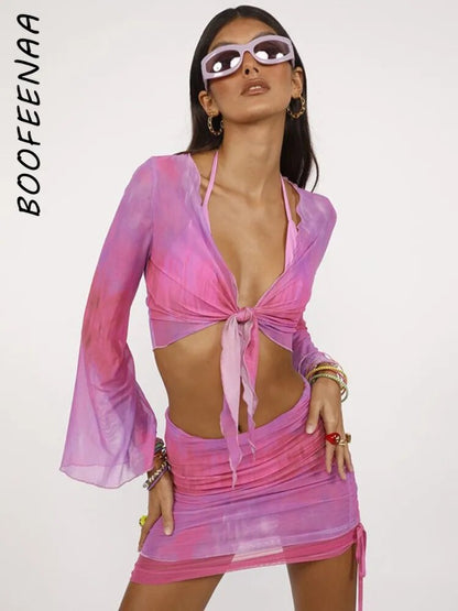 BOOFEENAA Sexy Zweiteiliges Set Blau Tie Dye Mesh Crop Top Strickjacke Mini Röcke Strand Tragen Urlaub Outfits Sommer 2023 C85-CZ16