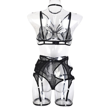 Sensual Lingerie Sexy Cut Out Bra Set Woman 4-Pieces  Brief Sets Lace Underwear Garters  Costumes