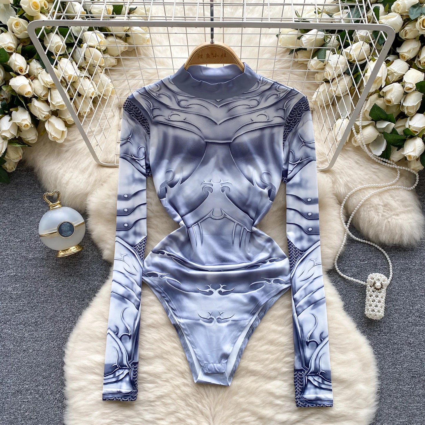 Wanita Fashion Outwear Sexy Bodysuits Women Stand Collar Long Sleeves Slim Y2K Top Sheath Open Crotch o Print Playsuits