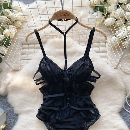 Women Sensual Hollow Out Playsuits Female Halter Strap Transparent Thin Slim Jumpsuits 2023 Mesh Lace Sexy Bodysuits Wanita