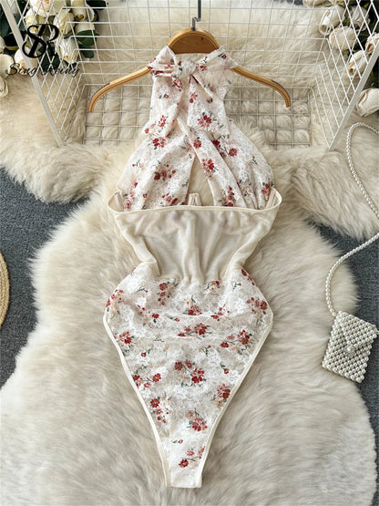 Fashion Floral Spitze Sexy Bodys Kreuz Halter Splice Mesh Shapewear Schlanke Strampler Aushöhlen Sheer Sinnliche Playsuits Wanita