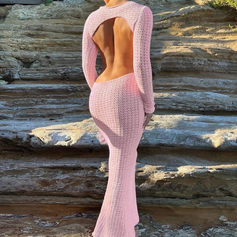 Rosa Häkeln Gestrickte Backless Sexy Kleid Frauen Elegante Lange Hülse Bodycon Kleider Herbst Weibliche Aushöhlen Strand Lange Vestido