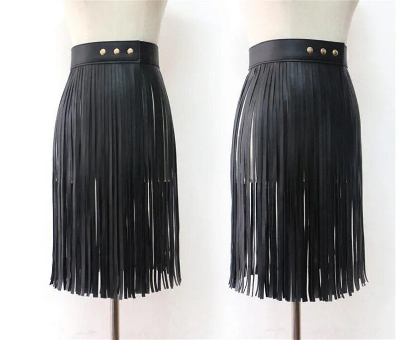 Boho Women Sexy Tassel Leather Skirts Punk Gothic Waistband Long Fringe White High Waist Belt Club Party Skirt Dropshipping