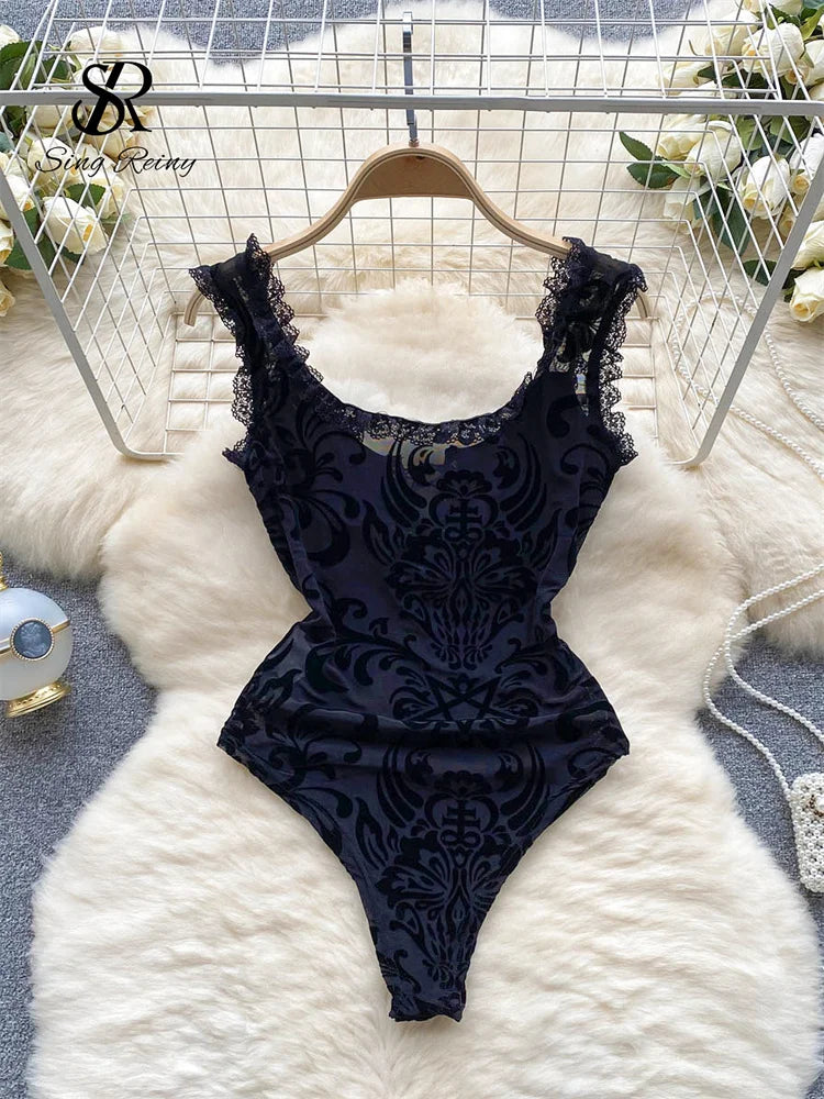 Flocking Floral Sheer Playsuits Sleeveless Ruffles Hotsweet Lace Up Slim Rompers 2023 Open Crotch Mesh Lace Bodysuits Wanita