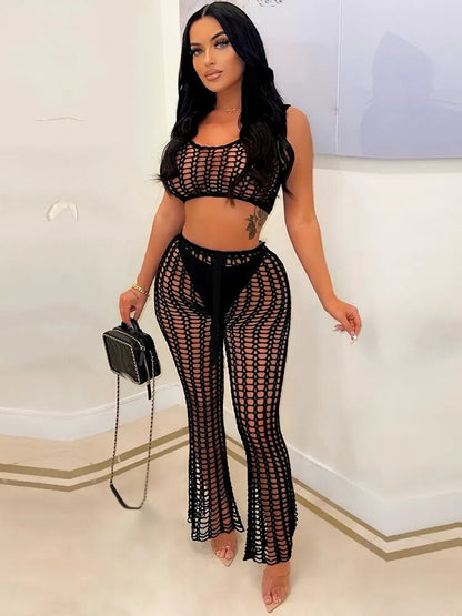 Sibybo Summer Beach Wear Knit Outfits Women Hollow Out Crop Tops And See Through Straight Pant Suits Femme 2 Piece Matching Sets