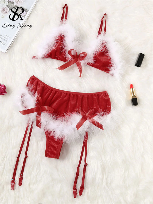 Christmas Present Sexy Underwear Suits Ladies Fur Splice Strap Bow Bra+Mini Skirt Cosplay Uniform   Lingerie Wanita