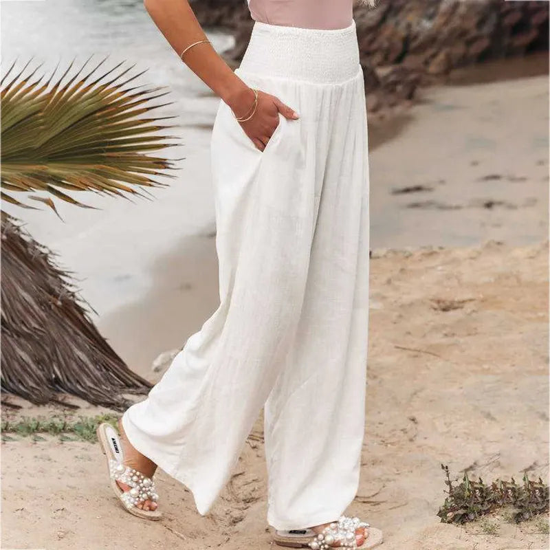 Pantalones holgados de pierna ancha de lino y algodón para mujer, pantalón informal, de gran tamaño, con cintura elástica, para oficina, primavera y verano, 2023