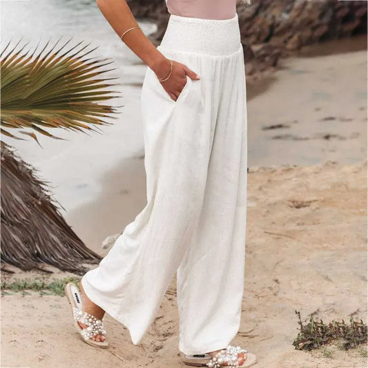 Women Cotton Linen Loose Wide Leg Pants 2023 Spring Summer Office Lady Casual Solid Jogger Elastic Waist Oversized Trousers