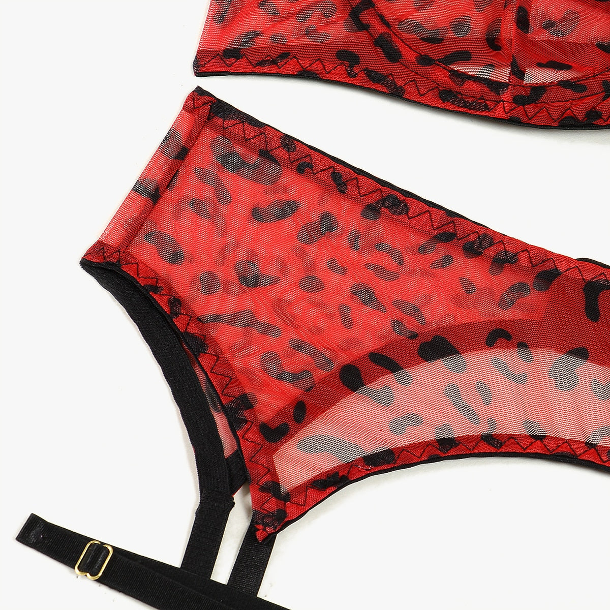 Leoparden-Dessous für Damen, Spitzen-Unterwäsche-Set mit Strümpfen, 5-teilig, Tangas, Strumpfband, transparenter BH, Strumpfhosen