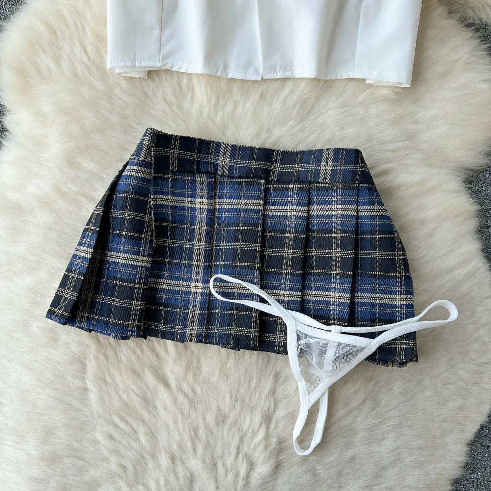 Cosplay   Outfit Women Lapel Neck Short Shirt+Plaid Mini Skirt+Thongs  2023 Preppy Style Sexy Nightwear Wanita