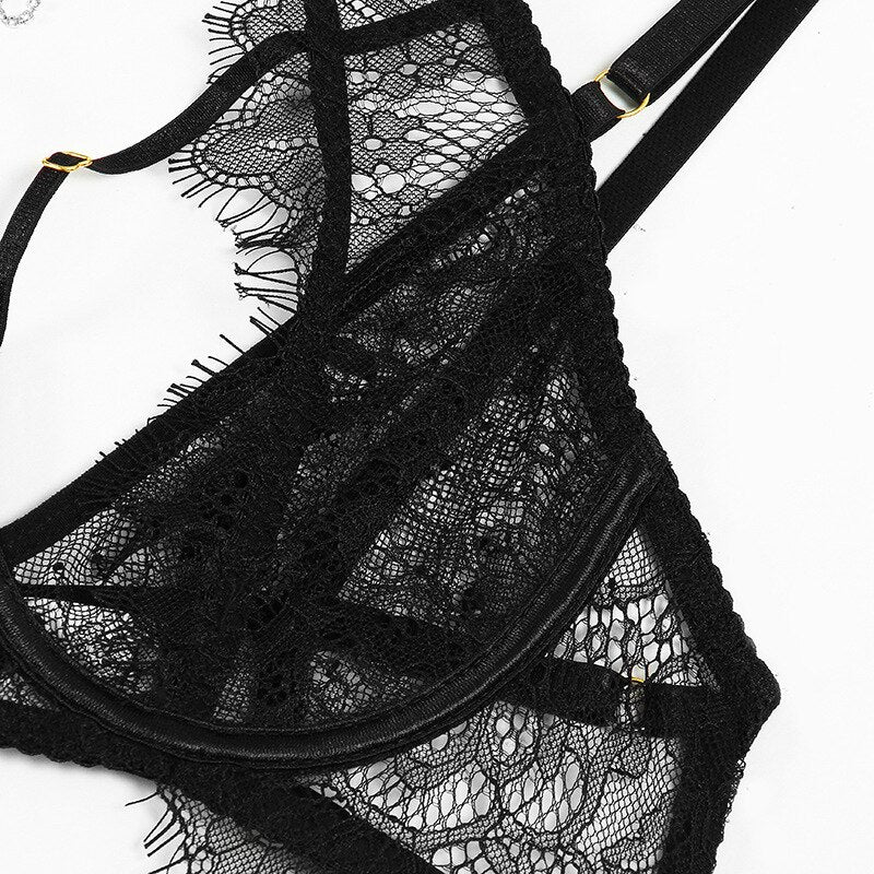 Sensual Lingerie Cut Out Halter Bra Underwear See Through Fancy Intimate Rhinestone Fancy  Outfit Uncensored