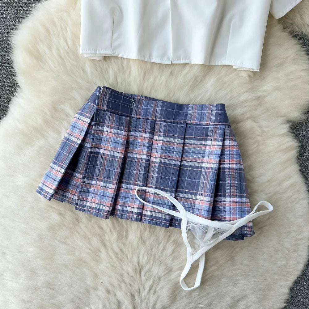 Cosplay Outfit Frauen Revers Hals Kurzes Hemd + Plaid Mini Rock + Tangas 2023 Adrette Sexy Nachtwäsche Wanita