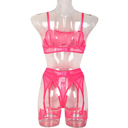 3-teiliges sexy Damen-Unterwäsche-Set, transparent, Dessous, Strumpfhalter-BH und Höschen, Spitzen-Intimtae, feines nahtloses Outfit