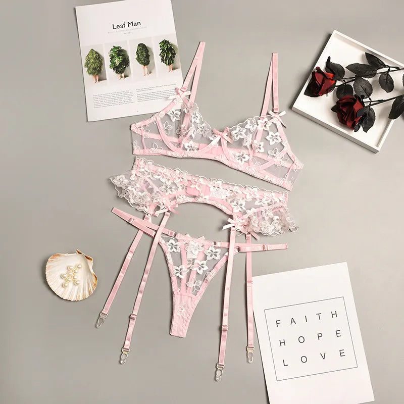 Floral Sinnliches Dessous Spitze Stickerei Unterwäsche Set 3 Stück Push Up BH Intim Transparent Bilizna Set