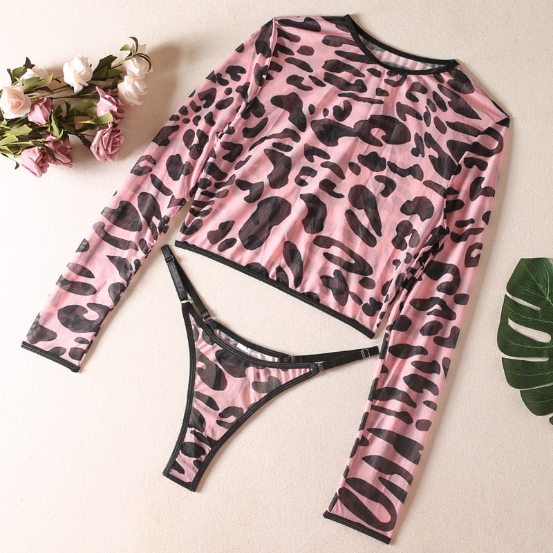 Trajes de lencería de leopardo, Tops de color rosa claro, conjuntos de manga larga para mujer, 2 piezas, Color de contraste, productos íntimos para chica joven