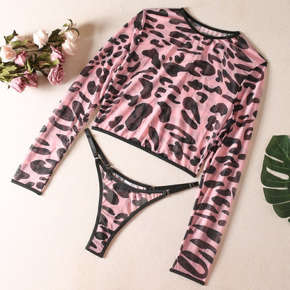 Leopard Lingerie Outfits Light Pink Tops Long Sleeve Sets For Women 2 Pieces Contrast Color Young Girl Intim Goods