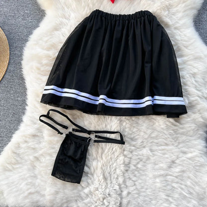 Preppy Style Cosplay Sheer Nightsuits Female Bow Sweet Short Top+Mini Skirt+Thongs 2023 Transparent   Outfit Wanita