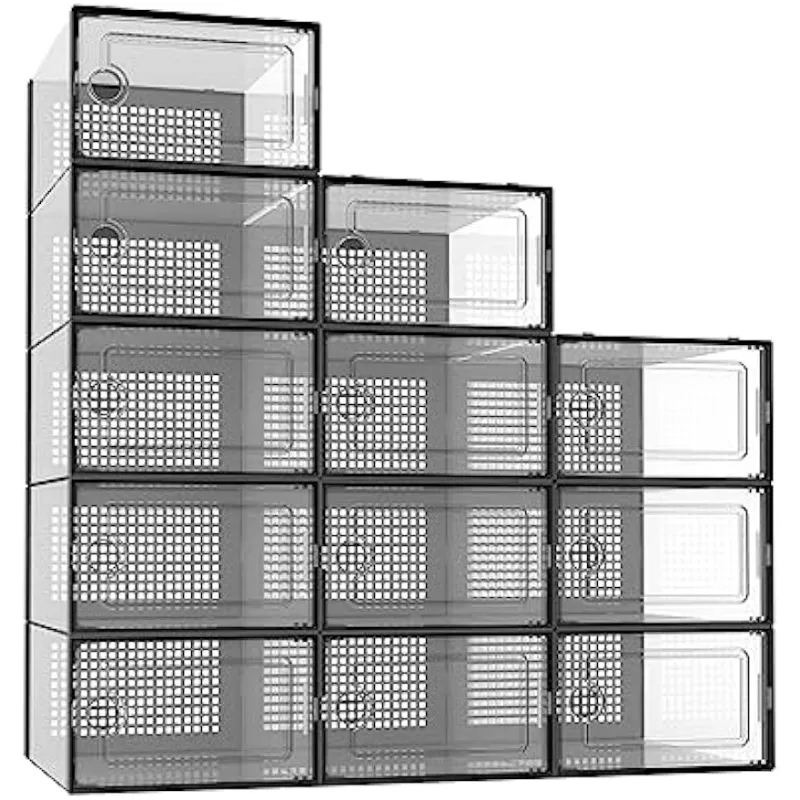 Potahouse Schuhaufbewahrungs-Organizer, 12 Stück, extragroß, stapelbare Schuhkartons aus durchsichtigem Kunststoff mit Deckel, passend für Größe 11–12, Sneaker-Container