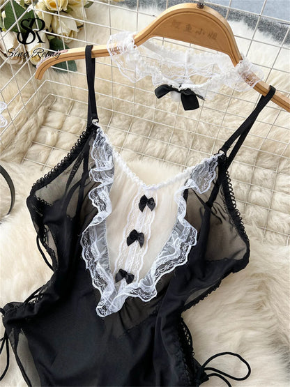 Cosplay Rabbit Maid Sexy Bodysuits Ladies Transparent Mesh Splice Lace Slim Nightwear 2023 Open Crotch Sexy Jumpsuit Wanita