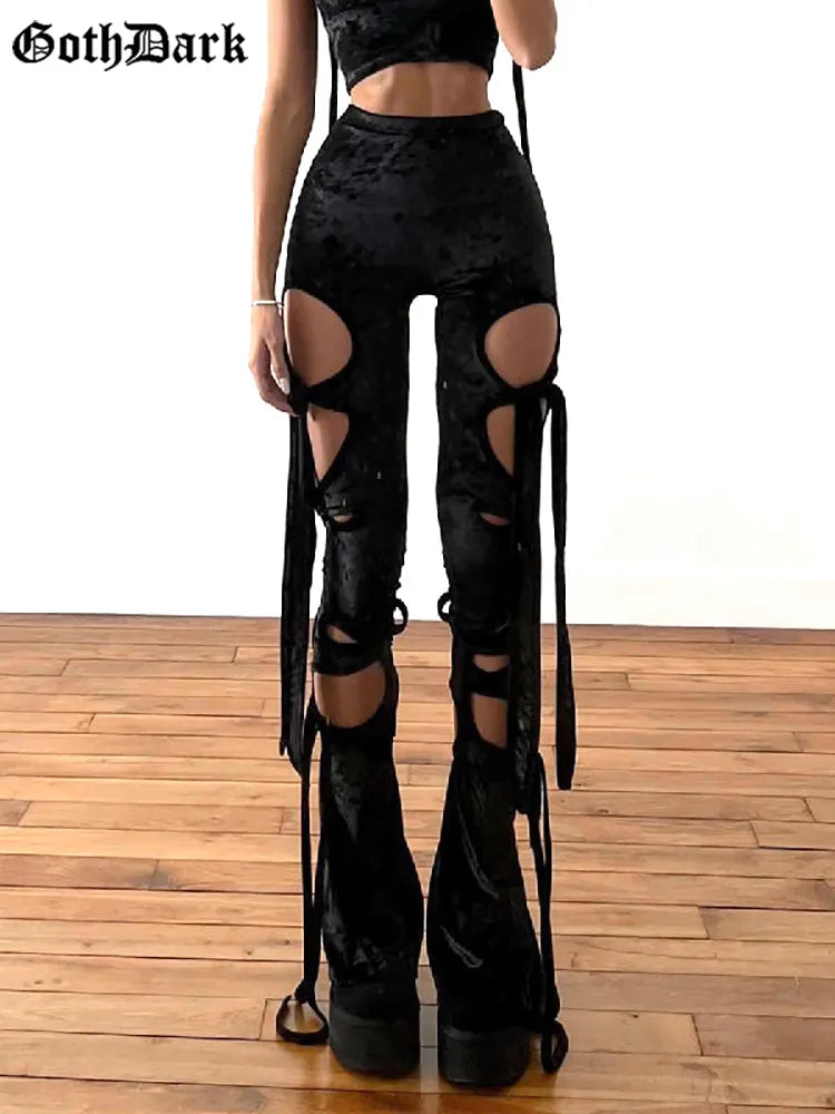 Goth Dark Velvet Hollow Out Mall Gothic Bleistifthose Grunge Ästhetische Punk Sexy High Waist Hose Y2k Frauen Alt Bottom