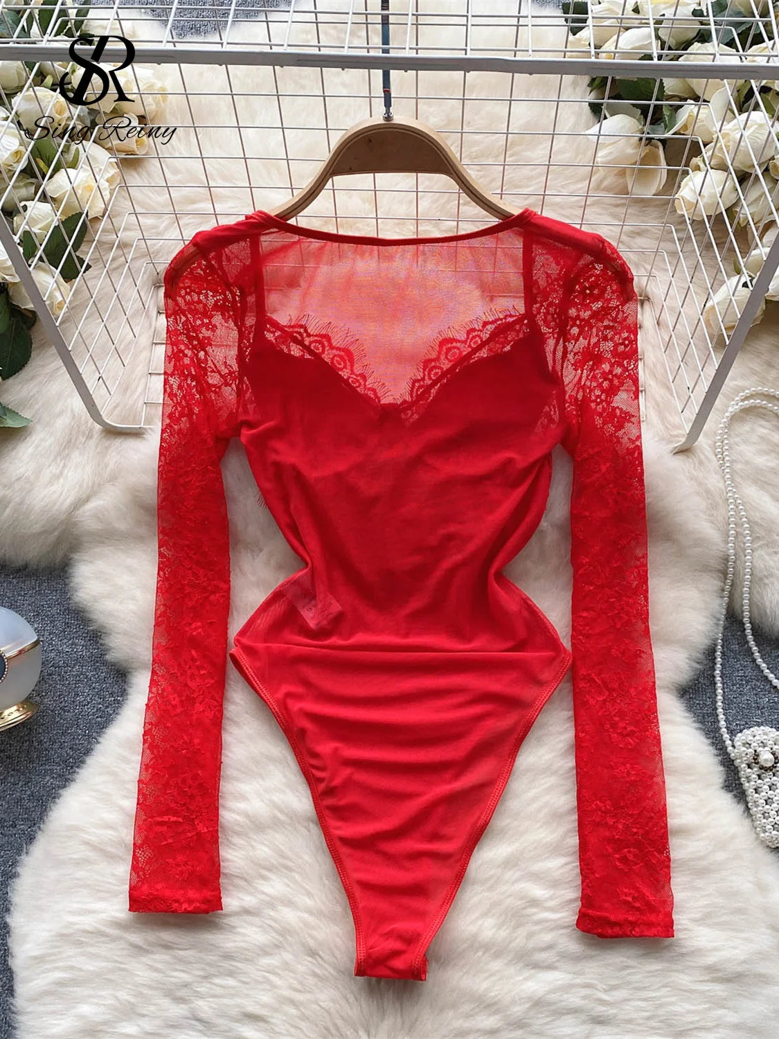 Fashion Lace Mesh Sexy Bodysuits Women Long Sleeved Open Crotch Y2K Top Transparent Streetwear Sensual Slim Playsuits Wanita