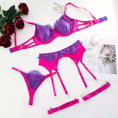 Purple Lingerie Sets for Women Luxury G-String Female Underwear Sexy Patchwork Garter Bilizna Set Fancy Lace Intimate