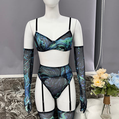 Batik-Dessous mit Strumpfärmeln, sexy, ausgefallene Unterwäsche, 5-teilige, unzensierte, intime, durchsichtige, sinnliche Mesh-Outfits