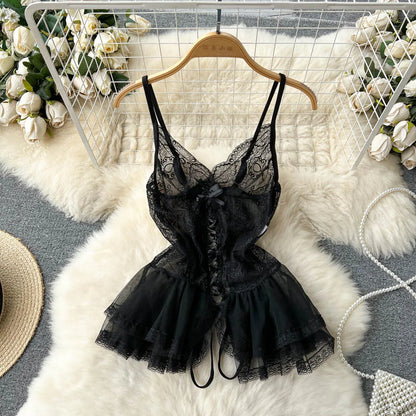 Strap Backless Sexy Nightdress Women Lace Up Slim Elastic Mesh Nightwear Fashion Open Crotch Sheer  Mini Dress Wanita