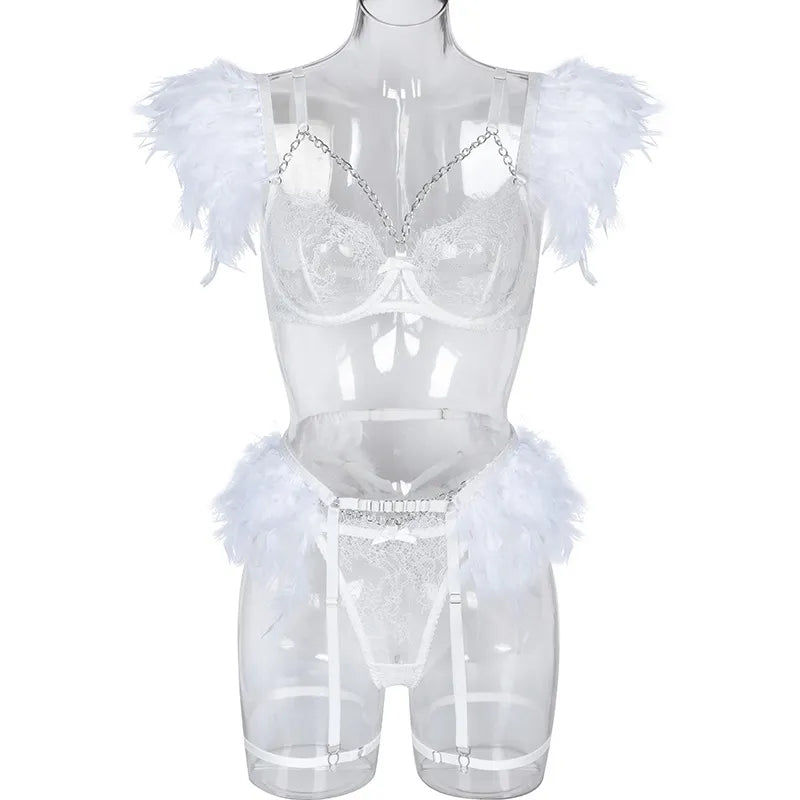 Ropa interior transparente para mujer, decoración de plumas de lujo, lencería con cadena de Metal, traje de Tanga, ropa Punk Sexy