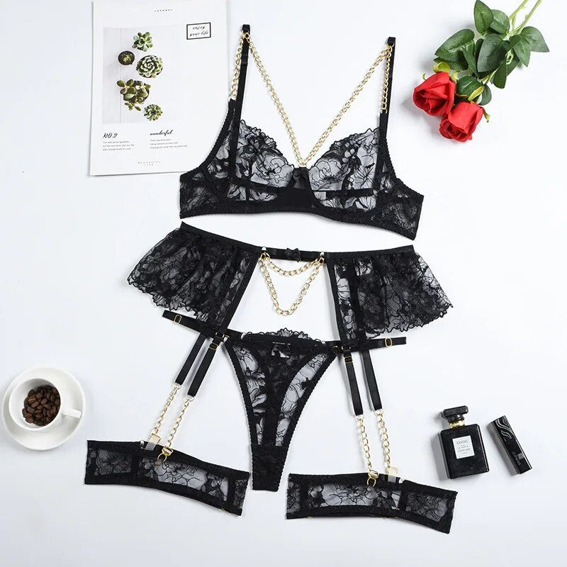 Lingerie Luxury Lace Female Underwear Sexy Transparent Bra Panty Sets With Chain Fancy See Through  Sets 4-Piece