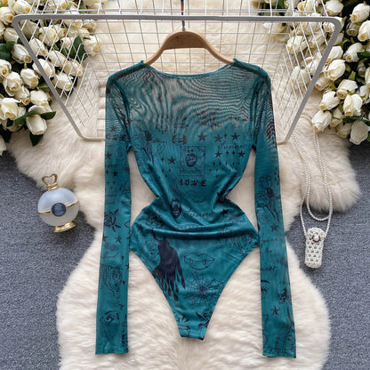 Sheer Print Mesh Sexy Bodysuits Women Long Sleeved Bodycon Streetwear Y2K Top 2023 Ladies Open Crotch Slim Playsuit Wanita