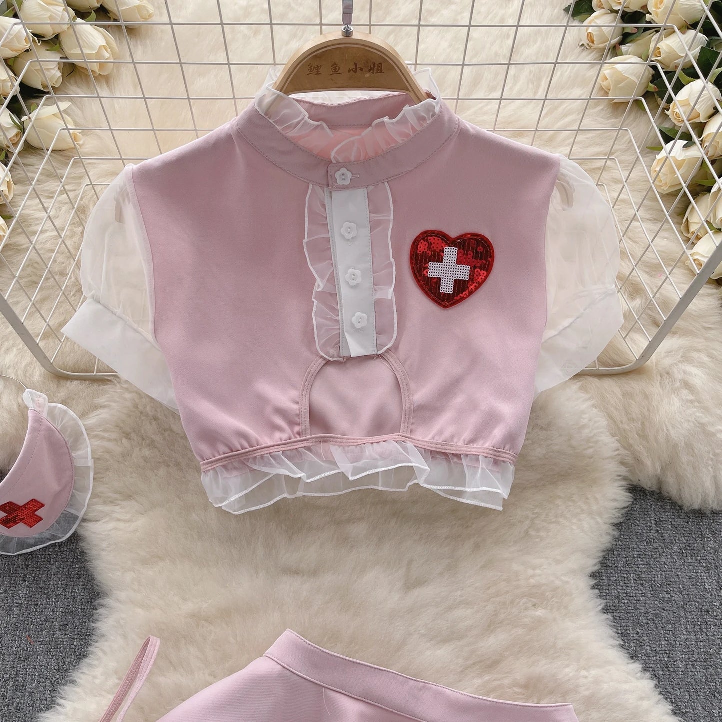 Nurse Uniform Cosplay Sexy Suits Women Short Sleeves Ruffles Top+Mini Skirt+Thongs Nightwear 2023   Outfit Wanita