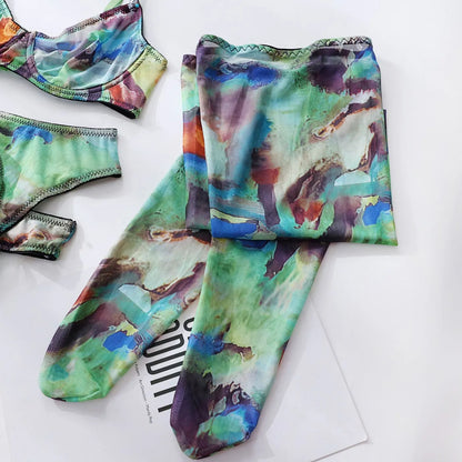 Tie-Dye-Dessous mit Strümpfen, Handschuhen, Ärmel, sexy Unterwäsche, 5-teiliges, intimes, durchsichtiges, sinnliches Mesh-Outfit