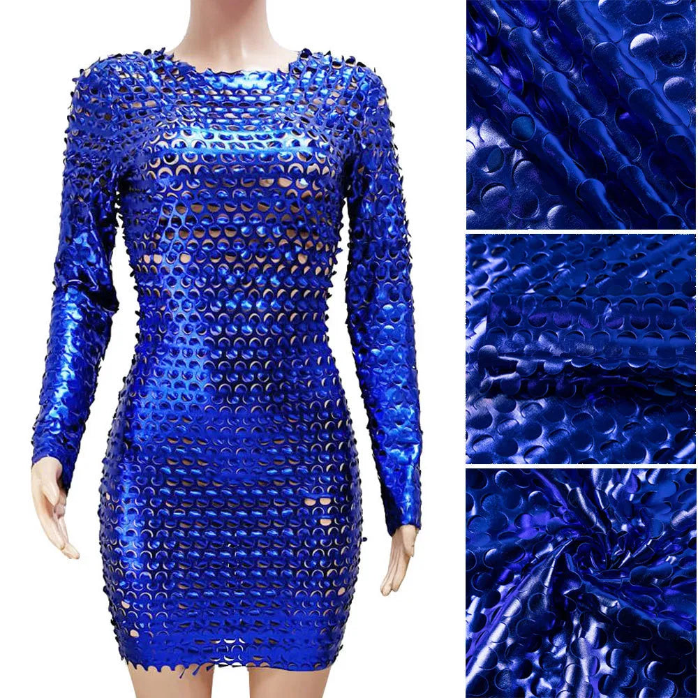 Vestido ahuecado plateado circular de malla para discoteca, minivestido de fiesta de tubo de manga larga para mujer, trajes sexys de primavera 2023, vestidos ceñidos