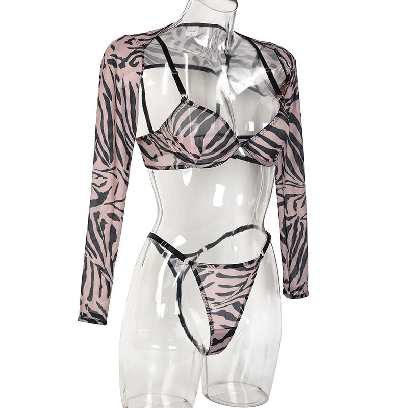 Zebra Lingerie For Full Crop Top Tight Outfit Transparent Sheer Lace Seamless Intimate G-String Briefs Sets