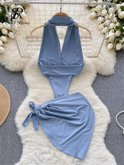 Halter Solid Sexy Bodysuits Women Deep V Neck Sensual Playsuits+Mini Skirt 2023 Bow Sweet   Night Suits Wanita