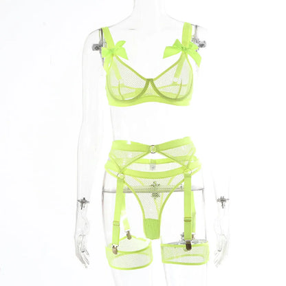 Sexy Neon-Dessous mit Socken, Spitze, Schleife, transparente Unterwäsche, durchsichtiges Netz, 5-teilig, heiße durchsichtige Sets