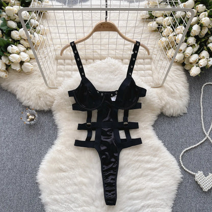 Wanita Hollow Out Sexy Bodysuits Mode 2023 Rückenfrei Elastisch Offener Schritt Schlanke Nachtwäsche Strap PU Leder Sinnliche Playsuits