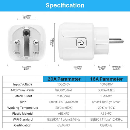 Tuya 16A 20A EU enchufe inteligente WiFi enchufe inteligente con función de sincronización de monitoreo de energía Control de voz Alexa Google Assitant